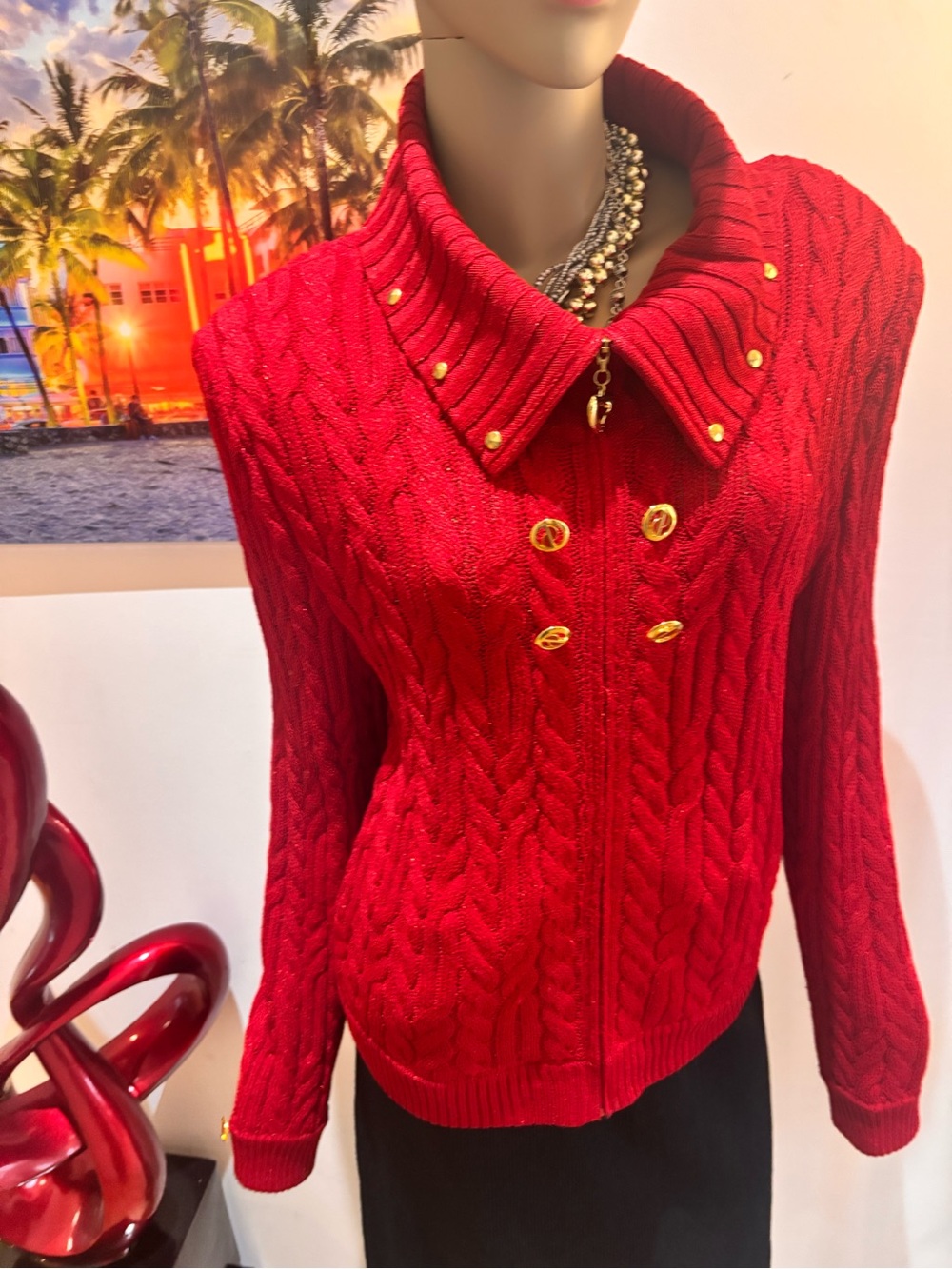 St. John Crimson Red Cable-Knit Blazer Jacket Gold Buttons embellished XL 14